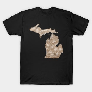 Floral Art MICHIGAN Silhouette in Burlap Texture by Cherie(c)2021 T-Shirt